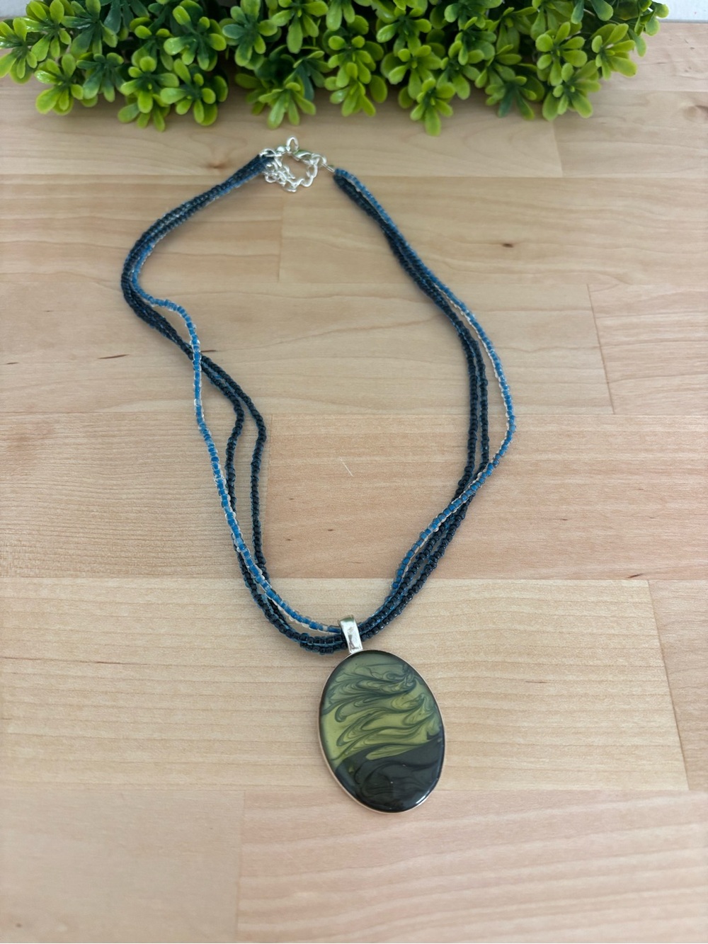 Olive Green Swirl Pendant Multi-Strand Beaded Necklace